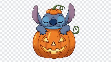 Stitch character with Halloween pumpkin design on transparent background