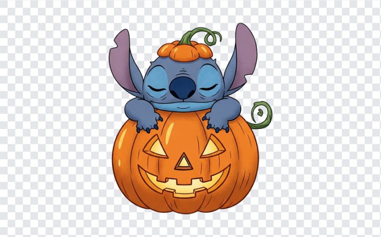 Stitch character with Halloween pumpkin design on transparent background