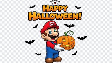 Super Mario character dressed in Halloween costume on transparent background