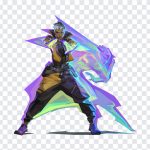 Valorant Agent Waylay character design in dynamic pose with vibrant colors on transparent background