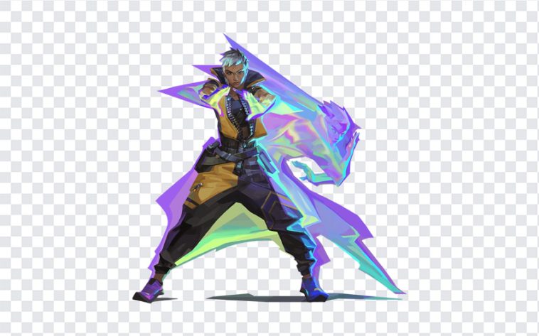 Valorant Agent Waylay character design in dynamic pose with vibrant colors on transparent background