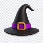 Stylish witch hat with a wide brim and decorative band isolated on transparent background