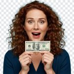 Woman holding a 100 dollar bill with a confident smile, isolated on transparent background