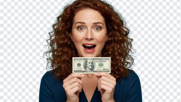 Woman holding a 100 dollar bill with a confident smile, isolated on transparent background