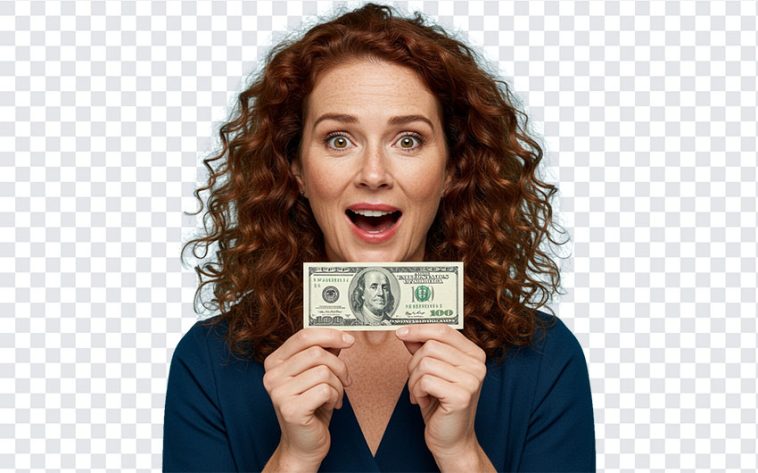 Woman holding a 100 dollar bill with a confident smile, isolated on transparent background
