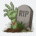 Zombie hand reaching out from a tombstone with eerie details on a transparent background