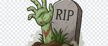 Zombie hand reaching out from a tombstone with eerie details on a transparent background