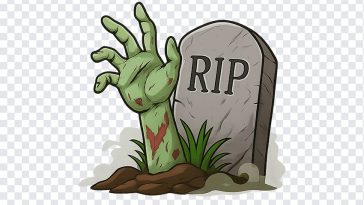 Zombie hand reaching out from a tombstone with eerie details on a transparent background