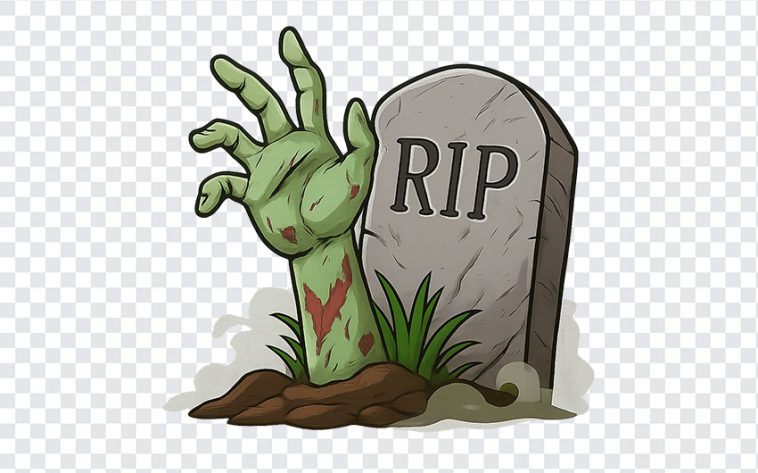 Zombie hand reaching out from a tombstone with eerie details on a transparent background