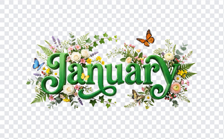 3D floral January month text with flowers and butterflies, transparent background PNG.