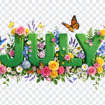 3D Floral July Month Text PNG with vibrant flowers and butterflies, perfect for calendars, transparent background PNG.