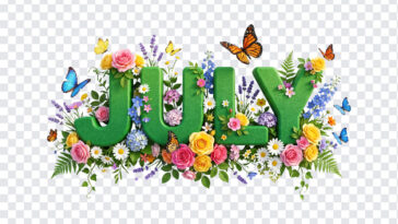 3D Floral July Month Text PNG with vibrant flowers and butterflies, perfect for calendars, transparent background PNG.