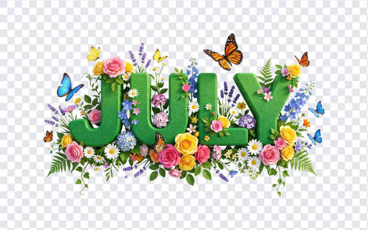 3D Floral July Month Text PNG with vibrant flowers and butterflies, perfect for calendars, transparent background PNG.
