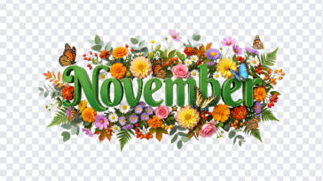 3D Floral November Month Text PNG with vibrant flowers and butterflies, perfect for seasonal designs, transparent background PNG.