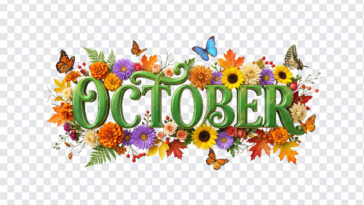 3D Floral October Month Text PNG with vibrant flowers and butterflies, perfect for seasonal designs, transparent background PNG.
