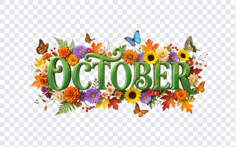 3D Floral October Month Text PNG with vibrant flowers and butterflies, perfect for seasonal designs, transparent background PNG.