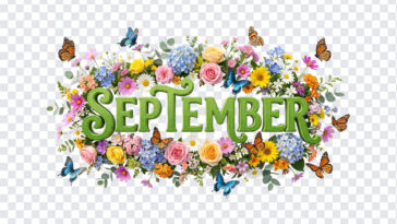3D Floral September Month Text PNG with vibrant flowers and butterflies, perfect for seasonal designs, transparent background PNG.