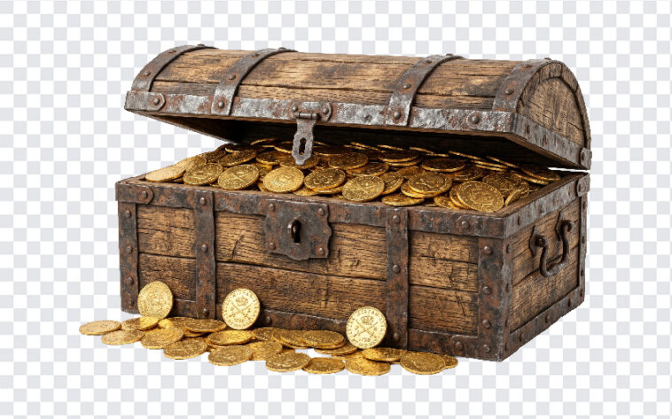 Ancient Treasure Chest PNG with realistic style, ideal for fantasy projects, transparent background PNG.