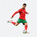 Cristiano Ronaldo Kicking Football PNG in action pose, perfect for sports designs, transparent background PNG.