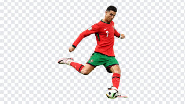 Cristiano Ronaldo Kicking Football PNG in action pose, perfect for sports designs, transparent background PNG.