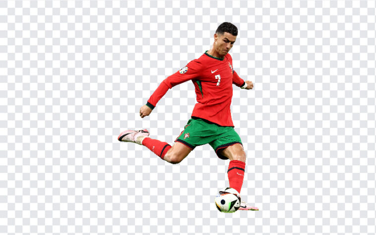 Cristiano Ronaldo Kicking Football PNG in action pose, perfect for sports designs, transparent background PNG.