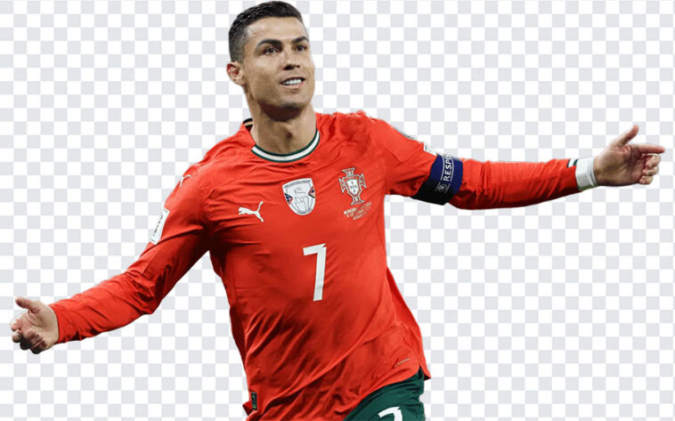 Cristiano Ronaldo Transparent PNG of football player in action pose, perfect for sports designs, transparent background PNG.