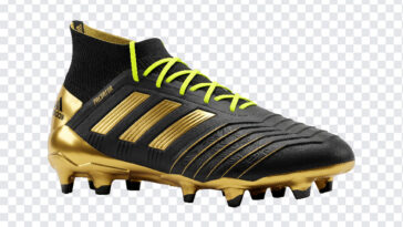 Football Boot Cleat Gold PNG featuring a sleek design with gold accents, perfect for sports graphics and digital designs, transparent background PNG.