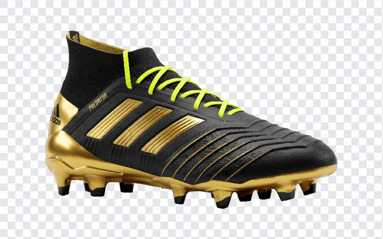 Football Boot Cleat Gold PNG featuring a sleek design with gold accents, perfect for sports graphics and digital designs, transparent background PNG.
