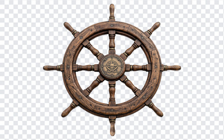Pirate Ship Wheel PNG with realistic wooden texture, nautical theme, transparent background PNG.