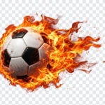 Soccer Football Fire Flames PNG featuring a flaming soccer ball, dynamic sports design, transparent background PNG.