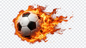 Soccer Football Fire Flames PNG featuring a flaming soccer ball, dynamic sports design, transparent background PNG.