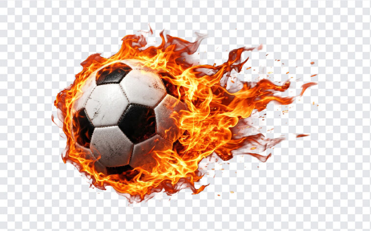 Soccer Football Fire Flames PNG featuring a flaming soccer ball, dynamic sports design, transparent background PNG.