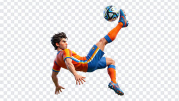 Soccer Player Bicycle Kick PNG in dynamic action pose, perfect for sports designs, transparent background PNG.