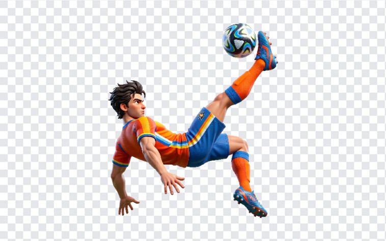 Soccer Player Bicycle Kick PNG in dynamic action pose, perfect for sports designs, transparent background PNG.