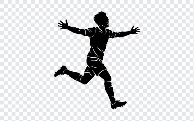 Soccer Player Celebrating Goal Silhouette PNG in black silhouette style, ideal for sports designs, transparent background PNG.