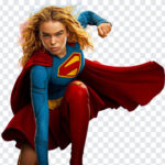 Supergirl PNG dynamic superhero pose, ideal for comics and fan art, transparent background PNG.