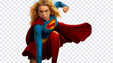 Supergirl PNG dynamic superhero pose, ideal for comics and fan art, transparent background PNG.