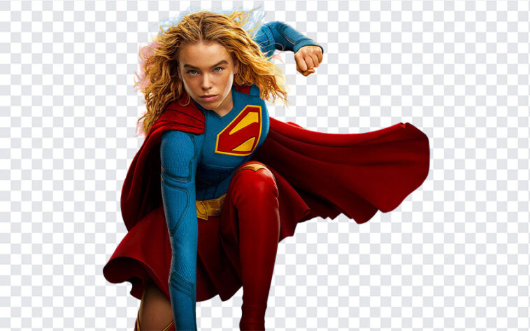 Supergirl PNG dynamic superhero pose, ideal for comics and fan art, transparent background PNG.