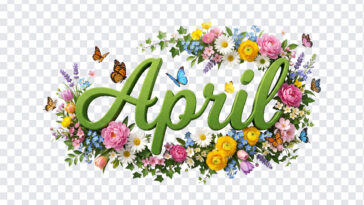 3D Floral April Month Text PNG with vibrant flowers and butterflies, ideal for spring designs, transparent background PNG.