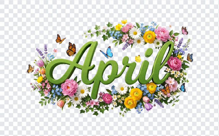 3D Floral April Month Text PNG with vibrant flowers and butterflies, ideal for spring designs, transparent background PNG.