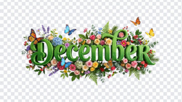 3D Floral December Month Text PNG with colorful flowers and butterflies, decorative design, transparent background PNG.