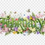 3D Floral February Month Text PNG with vibrant flowers and butterflies, perfect for seasonal designs, transparent background PNG.