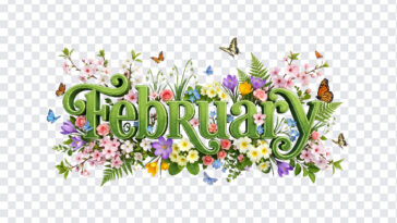 3D Floral February Month Text PNG with vibrant flowers and butterflies, perfect for seasonal designs, transparent background PNG.
