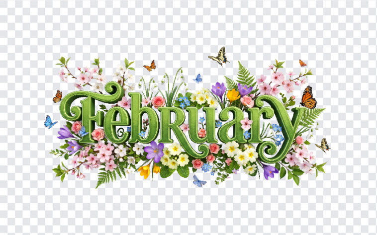 3D Floral February Month Text PNG with vibrant flowers and butterflies, perfect for seasonal designs, transparent background PNG.