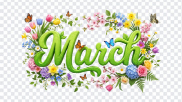 3D Floral March Month Text PNG featuring vibrant flowers and butterflies, perfect for seasonal designs, transparent background PNG.