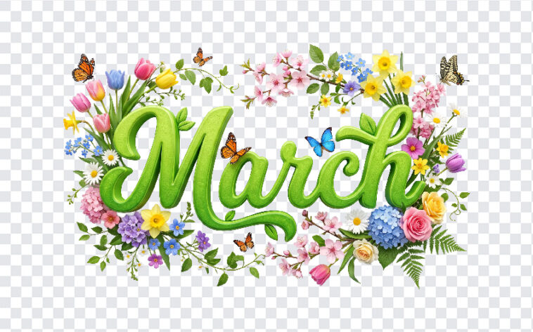 3D Floral March Month Text PNG featuring vibrant flowers and butterflies, perfect for seasonal designs, transparent background PNG.