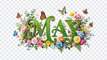 3D Floral May Month Text PNG with vibrant flowers and butterflies, perfect for spring designs, transparent background PNG.