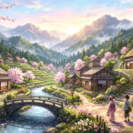 Anime Mountain Village Wallpaper 2K Scaled, scenic landscape, perfect for desktop backgrounds