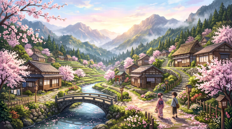 Anime Mountain Village Wallpaper 2K Scaled, scenic landscape, perfect for desktop backgrounds