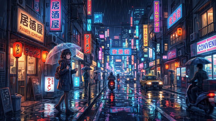 Anime Rainy City Wallpaper Aesthetic Scaled, vibrant urban scene, perfect for digital art projects.